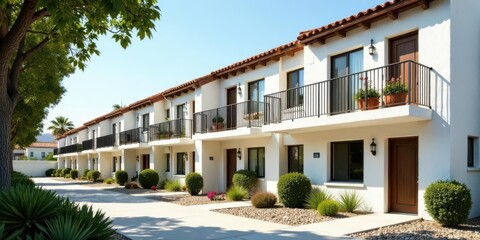 Fototapeta premium Sun-drenched Mediterranean-style residential complex featuring multiple units with private balconies, lush landscaping, and a tranquil walkway.