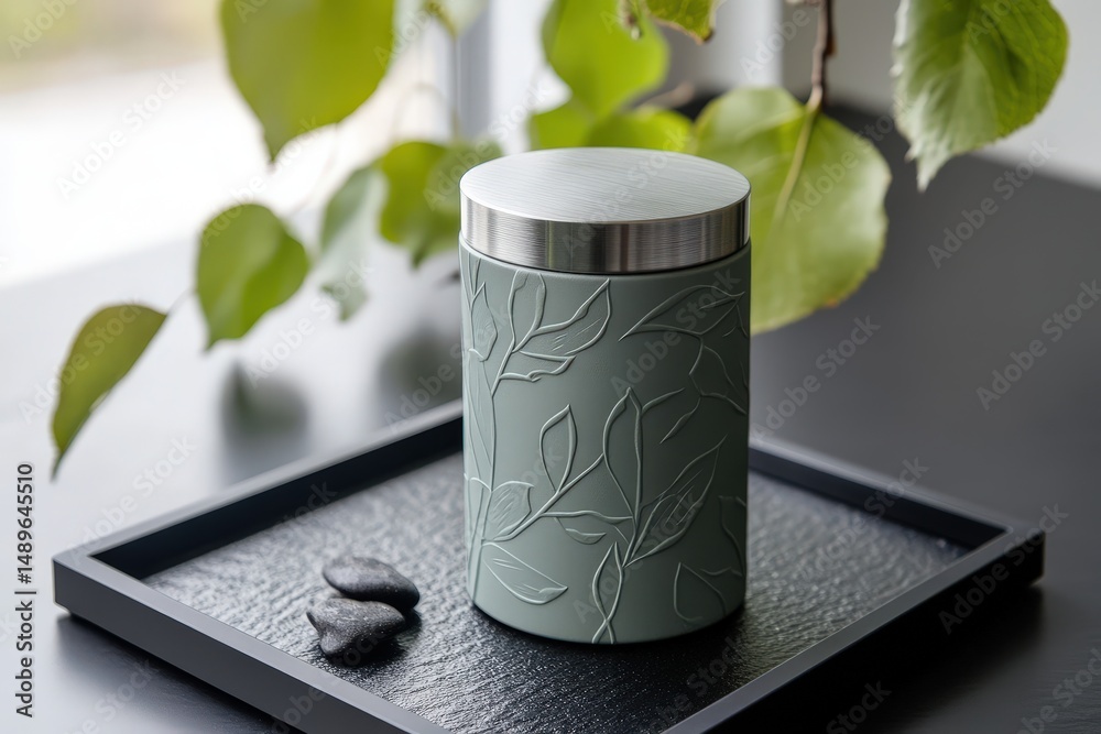 Poster elegant, sage-green container with leaf design on a tray.
