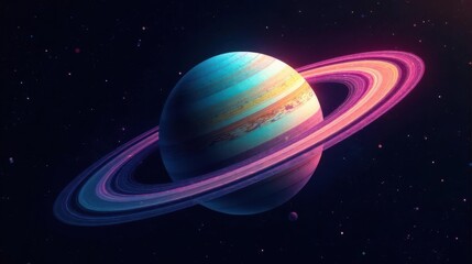 A vibrant cosmic scene featuring a ringed planet with a glowing, multicolored ring system against a dark starry backdrop.
