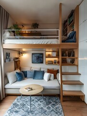 Fototapeta premium modern city home interior with cozy loft bed,