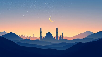 Silhouette of an Islamic mosque with minarets, dome, and crescent moon. Mountains form background under a sunset sky. Starry nightscape