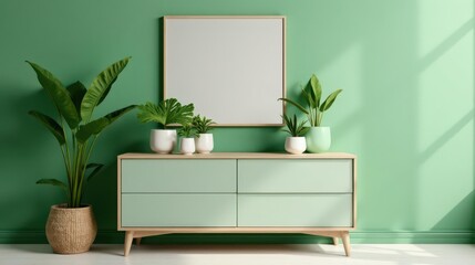 Serene Minimalist Interior Design with Green Accents and a Blank Canvas for Your Artwork