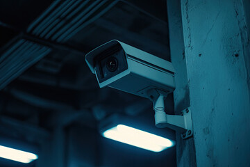 Nighttime close-up of surveillance camera on wall, capturing security monitoring in dark urban area.
