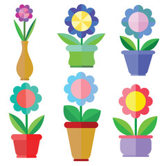 Set of paper flower icons with pots