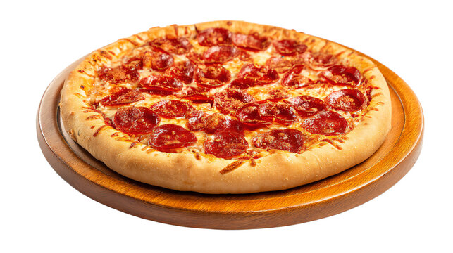 a pepperoni pizza on a wooden plate