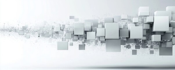 Abstract white and grey gradient geometric motion on white background. Overlay square shape graphic. Modern wide banner design with space for your text. Futuristic