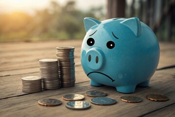 Sad Piggy Bank with Coins on Wooden Table