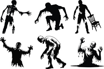 Fototapeta premium Spooky Halloween Zombie Silhouette clipart SVG Bundle, Zombie Vector Illustration set. Walking Dead Zombie, Zombie Apocalypse, Creepy Zombie, Undead Zombie, Scary Zombie Face – Halloween Horror Vector