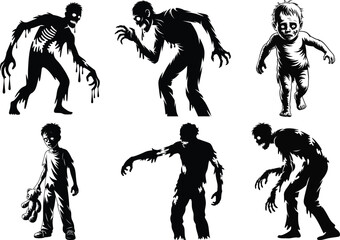 Fototapeta premium Spooky Halloween Zombie Silhouette clipart SVG Bundle, Zombie Vector Illustration set. Walking Dead Zombie, Zombie Apocalypse, Creepy Zombie, Undead Zombie, Scary Zombie Face – Halloween Horror Vector