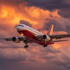 Obraz premium Striking sunset airplane descent with orange clouds