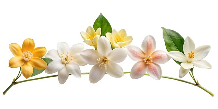 Assortment of diverse and colorful Champak flowers on a white background surface