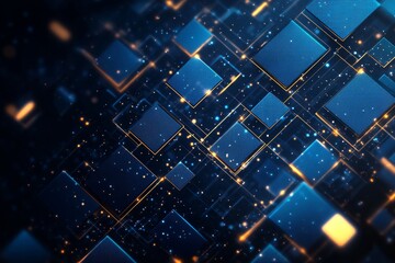 Abstract dark blue background with geometric squares shape motion. Futuristic technology perspective. Modern halftone square shape. Space for your text. Suit for website, brochure, banner
