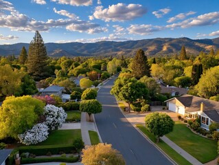 Fototapeta premium Suburban Serenity Verdant homes nestled near forested hills