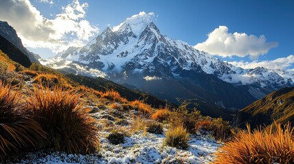 Majestic mountain landscape with snow covered peak golden grasses and dramatic sky showcasing scenic beauty