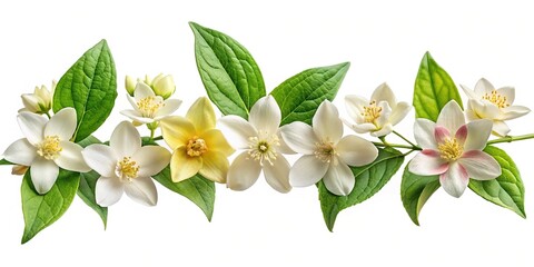Beautiful Mock Orange Flowers with Green Leaves on a White Background