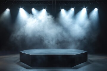 Empty hexagon stage illuminated by spotlights, smoky atmosphere