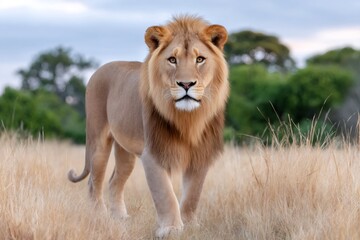 Obraz premium Majestic lion walking in the african savanna during sunset