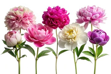 Beautiful arrangement of colorful peonies in full bloom on a white background