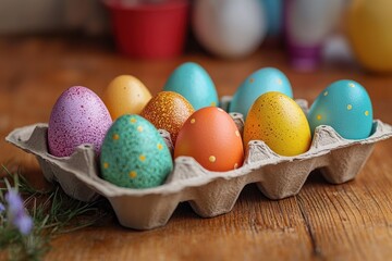 Colorful decorated eggs with speckles and dots arranged in a cardboard egg tray on a wooden table creating a festive and cheerful atmosphere