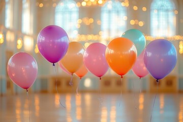 A group of colorful balloons floating indoors with soft warm lighting and blurred decorative background creating a festive and joyful atmosphere
