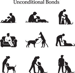 Vector Illustration of Dog Owners and Families with Pets in Silhouette Style

