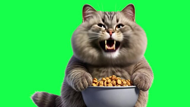 Fluffy cat enjoying meal animation, transparent 4K video, green screen