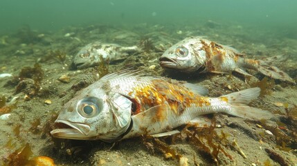 Several dead fish lie on the bottom of a murky waterway.  Decaying fish,  watery,  sea floor,  pollution,  environmental,  marine life,  dying,  ecosystem,  decomposed,  deadly,  habitat,  polluted.