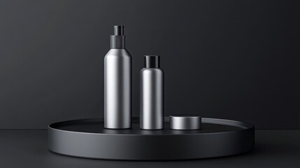 Sleek metallic cosmetic bottles and jar on dark tray