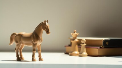 A wooden horse figurine stands prominently in the foreground, bathed in sunlight, while blurred chess pieces and stacked books form a contemplative background.