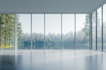 Naklejka premium Spacious, minimalist interior with expansive lake views. Large windows frame a serene forest and lake. Concrete floors complete the modern aesthetic