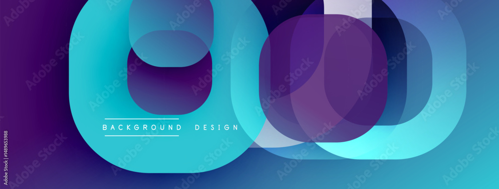 Poster Abstract design features overlapping blue, purple layers. Gradient background creates modern visual effect. Minimalist style, clean lines present.