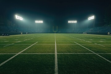 Obraz premium Empty football field at night, illuminated by stadium lights (1)