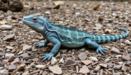 Naklejka premium Blue Lizard Crawling on Ground Surrounded by Pebbles and Natural Scenery