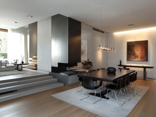 Modern dining area with a black table and chairs