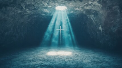 Beams of light illuminate a cross in a dark cave, creating a calming and spiritual ambience, evoking a sense of reverence