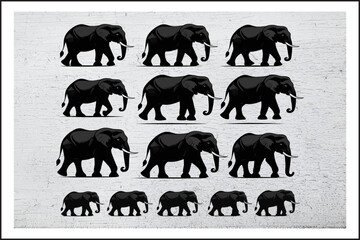 Naklejka premium Shadow Herd: Artistic Elephants, Vector Elephants Collection, Elephant Evolution: From Small to Giant, Bold Elephants: A Graphic Journey 