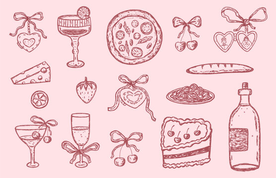 Set of vintage whimsial sketch with locket, coctail and cake in pink color. Bachelorette menu