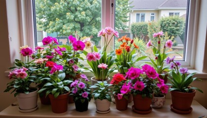 Fototapeta premium Colorful Arrangement of Blooming Flowers in Decorative Pots by a Bright Window at Home