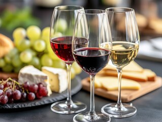 Wine tasting experience featuring red and white wines with cheese and grapes on a rustic table setting