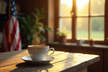 Fototapeta premium Warm morning sunlight illuminates a steaming cup of coffee on a rustic wooden table near a window.