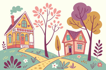 23 colorful,whimsical,landscape,stylized houses,vibrant colors,abstract trees,floral elements,path,digital art,illustration style