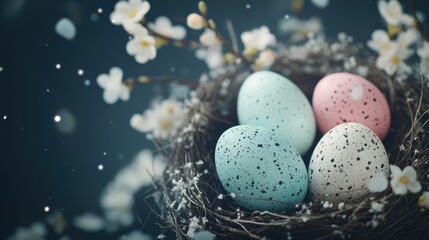 Fototapeta premium Four beautiful speckled eggs in pastel colors rest in a nest surrounded by delicate blossoms, evoking the joy of spring festivities