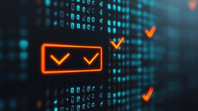 Confirmation email digital checkmarks and glowing inbox interface, success message