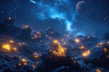 Obraz premium Alien landscape under a vibrant cosmic night. Molten rocks ablaze against a starry, nebula-filled sky, with a distant planet