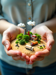 Hands hold a miniature scene of factory and landscape showing industry and environment.