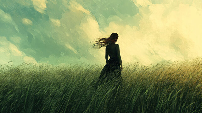 a woman stands in a field of tall grass with a windy sky - Powered by Adobe