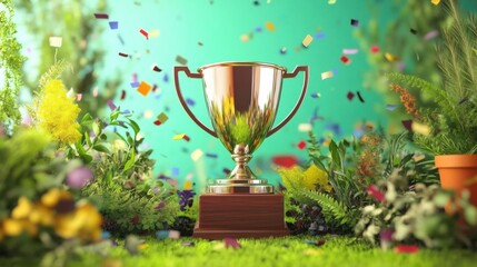 A gleaming trophy stands atop a wooden base, surrounded by lush greenery and colorful confetti falling from above, celebrating a victory