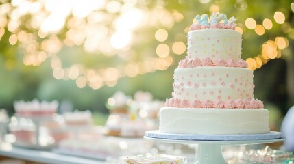 A beautifully decorated cake with pastel colors stands at a celebration, surrounded by sweet treats and a warm glowing atmosphere
