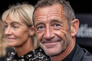 A smiling middle-aged man in a suit with a woman in the background, both appearing at a formal event.
