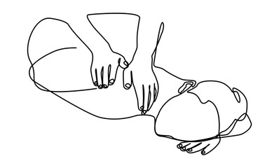 Minimalist continuous line drawing of a massage therapist performing a back massage on a lying client. Ideal for spa, fitness, etc. concept designs.